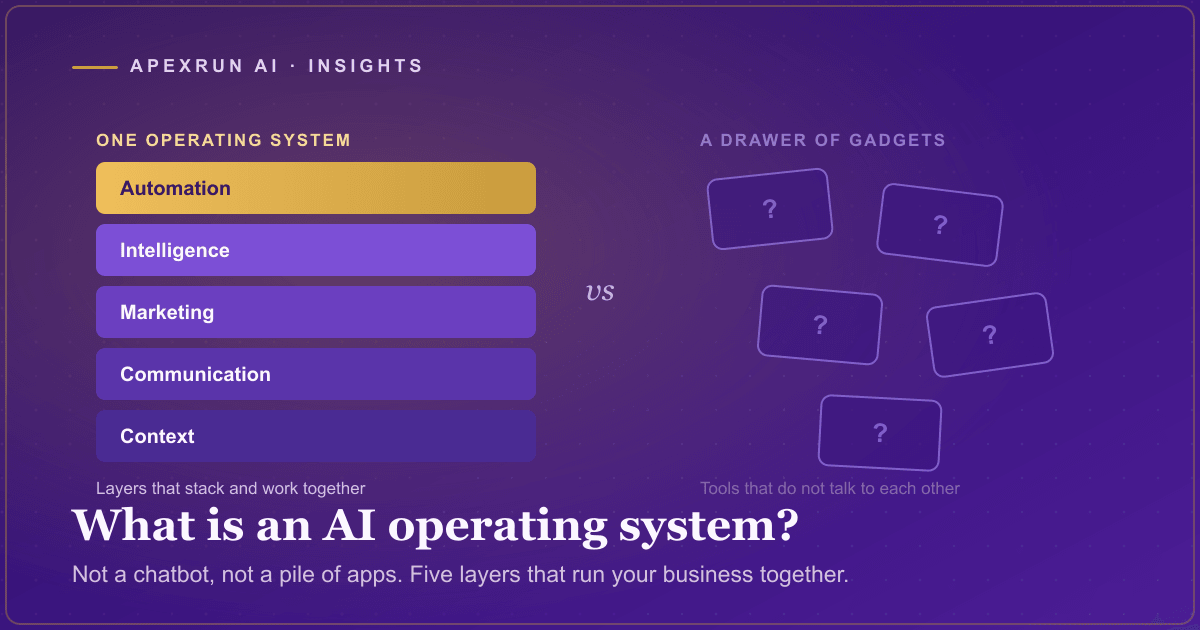 A stacked five-layer diagram of an AI operating system, with a scattered pile of disconnected tools beside it for contrast.